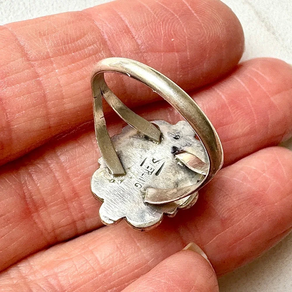Navajo Flower Ring Orange Spiny Oyster Sz 9 Sterling Silver Native Signed Morgan